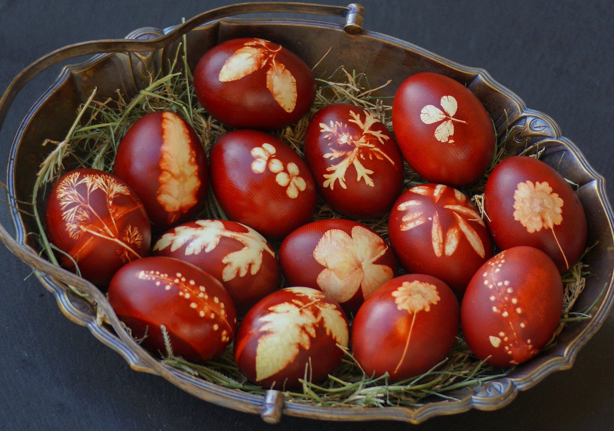 Red Serbian kraszanki with white patterns from herbs and flowers