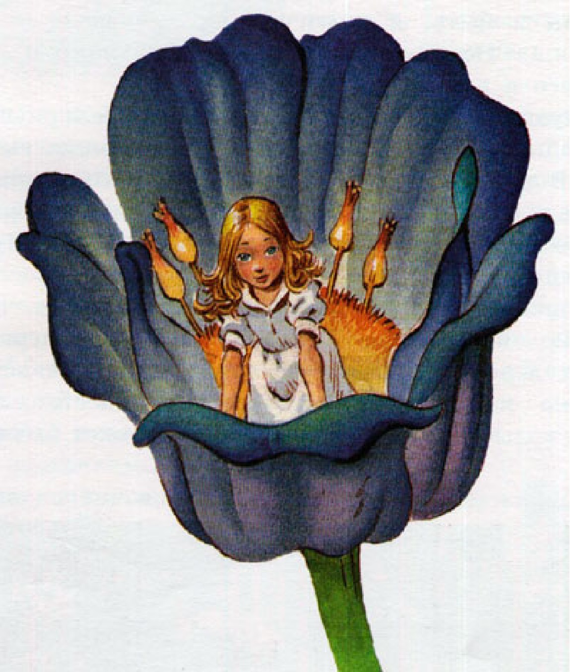 Thumbelina: Blonde girl sitting in a tulip peeking over the edge of a petal