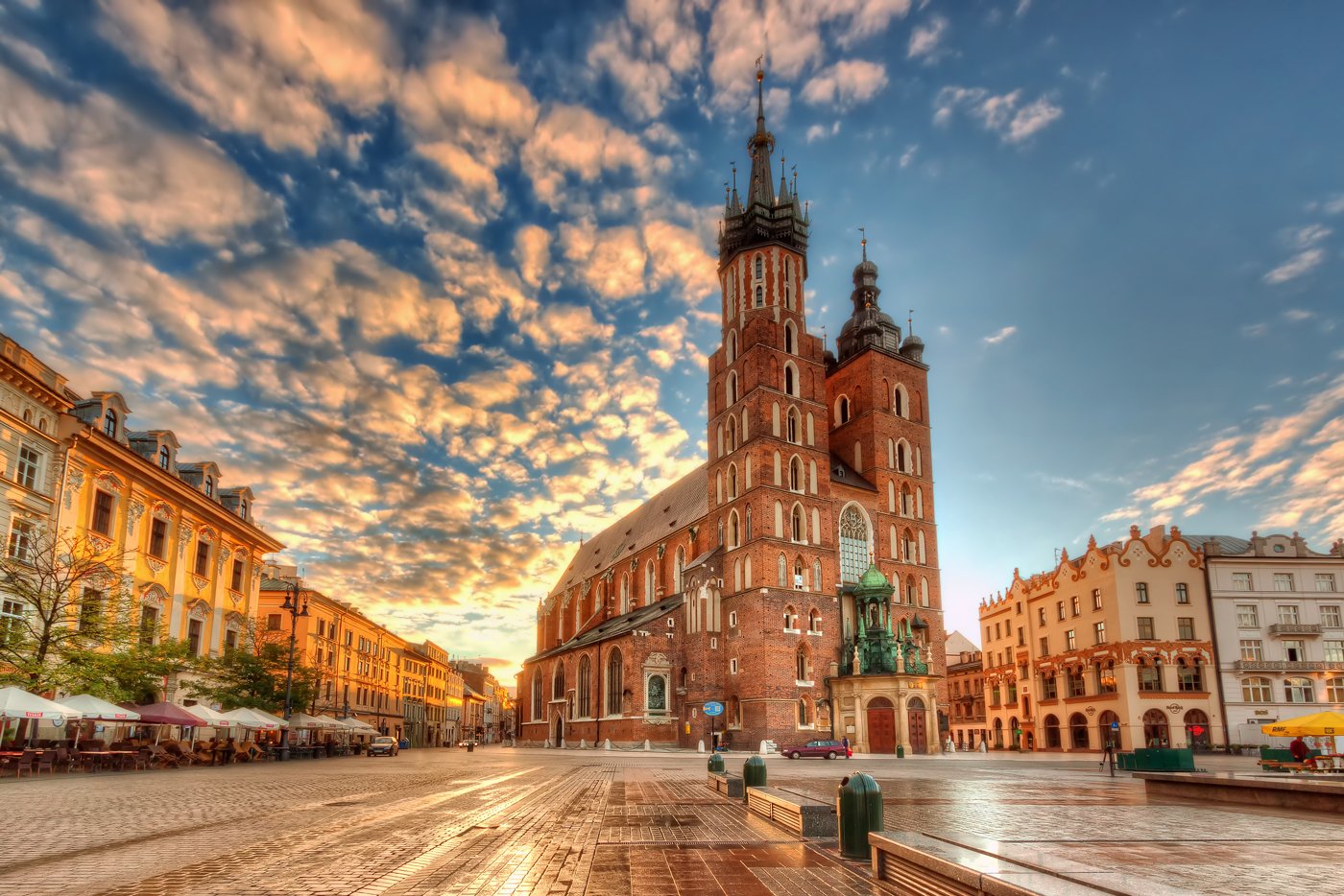 St. Mary's Basilica on Plac Mariacki in Krakow, Poland at sunset.