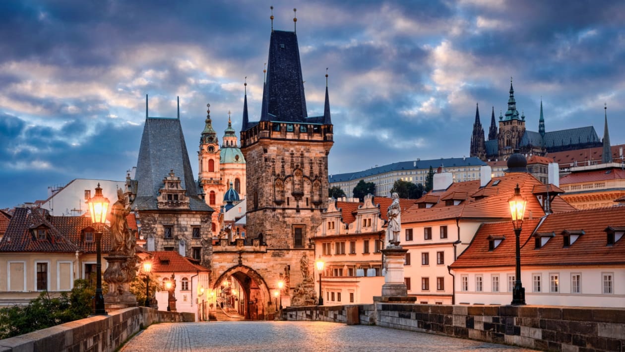 View from Charles Bridge in Prague, Czech Republic in the evening
