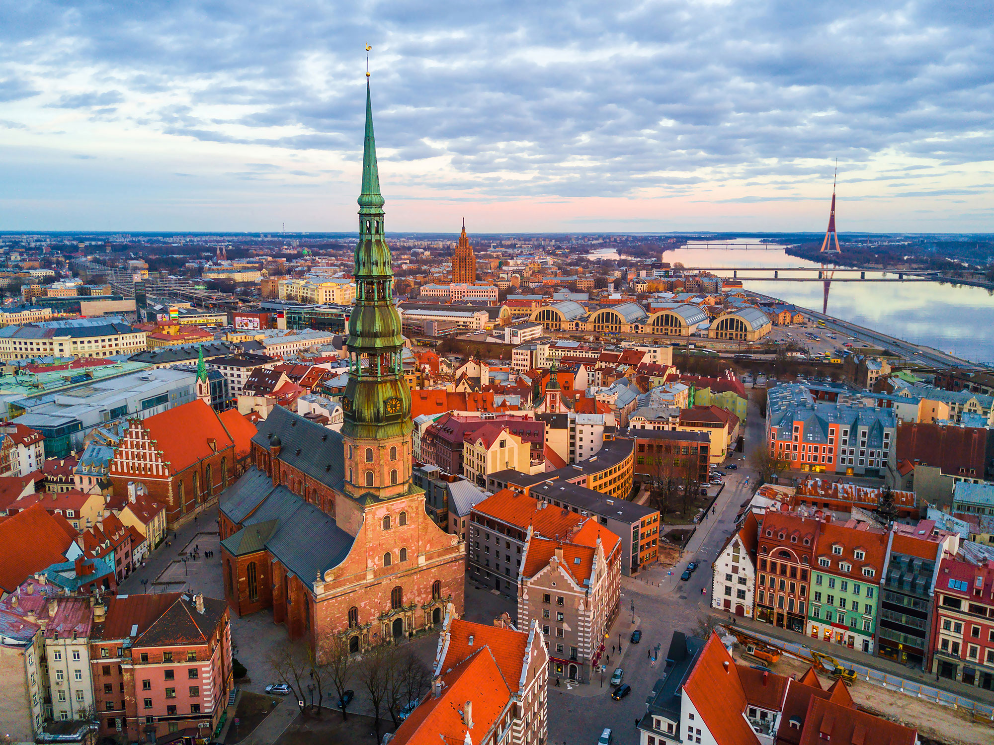 aerial view of oldtown Riga, Latvia at sunset