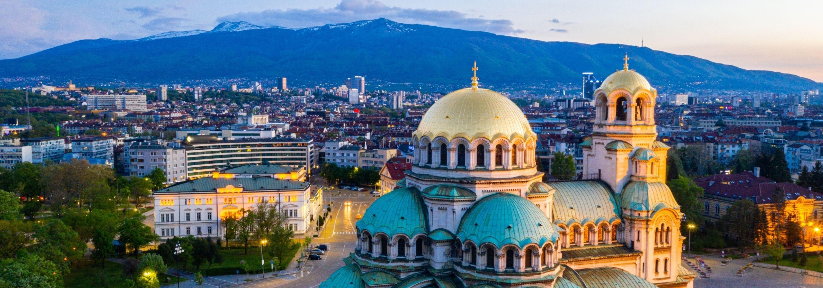 Cityscape of Sophia, Bulgaria in the evening