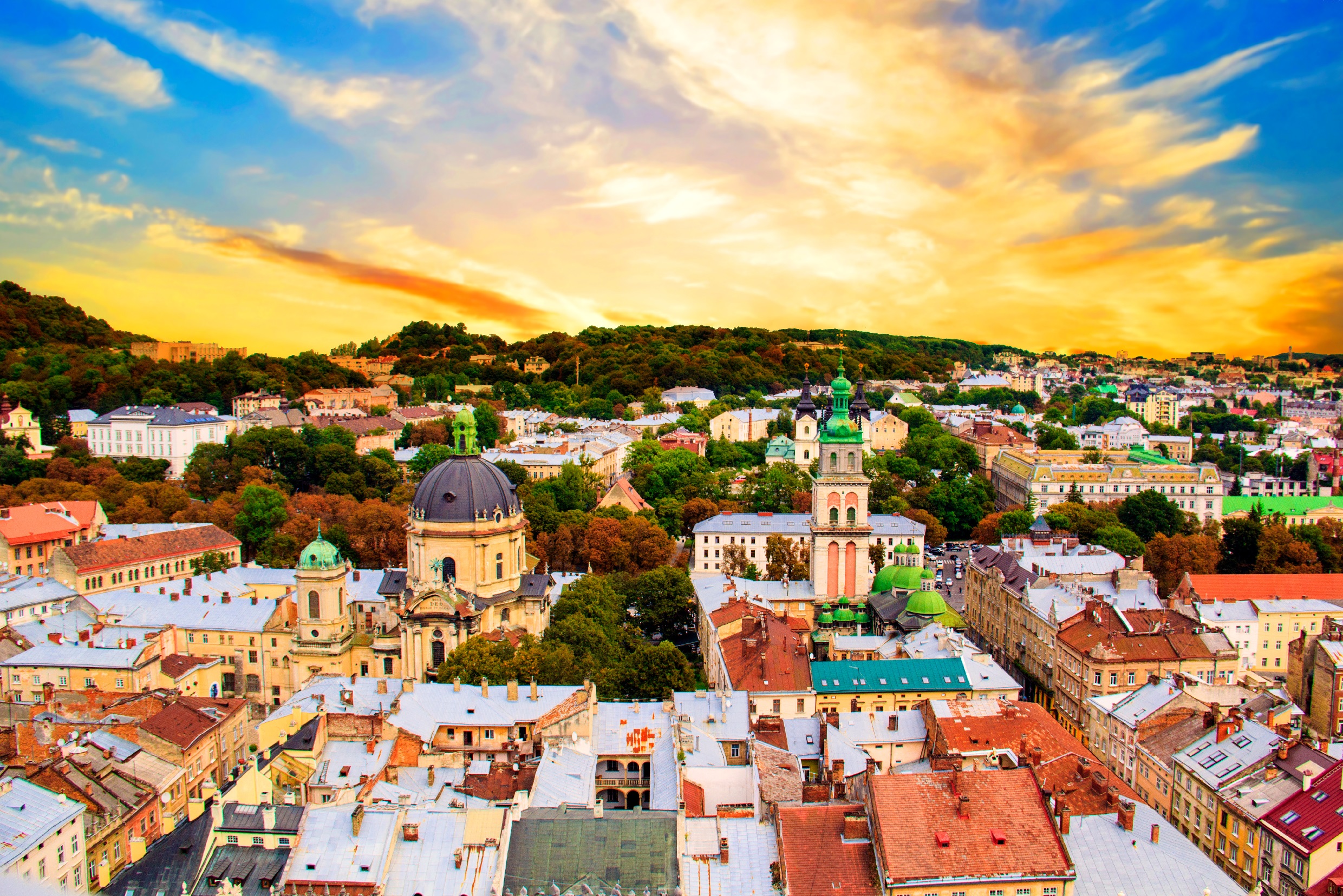 Beautiful view of the Dominican Cathedral, the Assumption Church and the historic center of Lviv, Ukraine on a sunny day